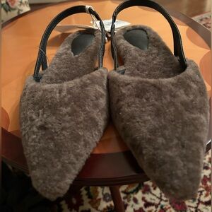 Brunello Cucinelli Brown shearling pointy toe sling back with monili beads